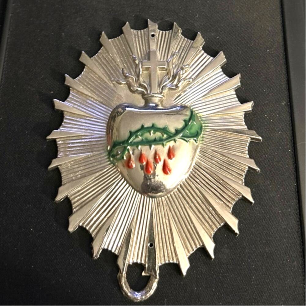 2 Vintage Sacred Heart Casket Plate Cremation Ornaments Brass Nickel Plate